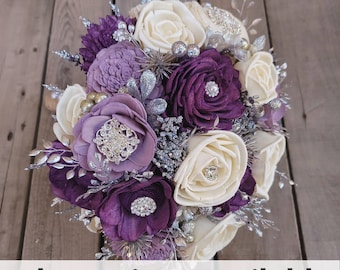 Brooch Bouquet for Wedding, Wood Flower Bouquet, Silver Brooch Bridal Bouquet, Wedding Flowers, Bridesmaid Bouquet,