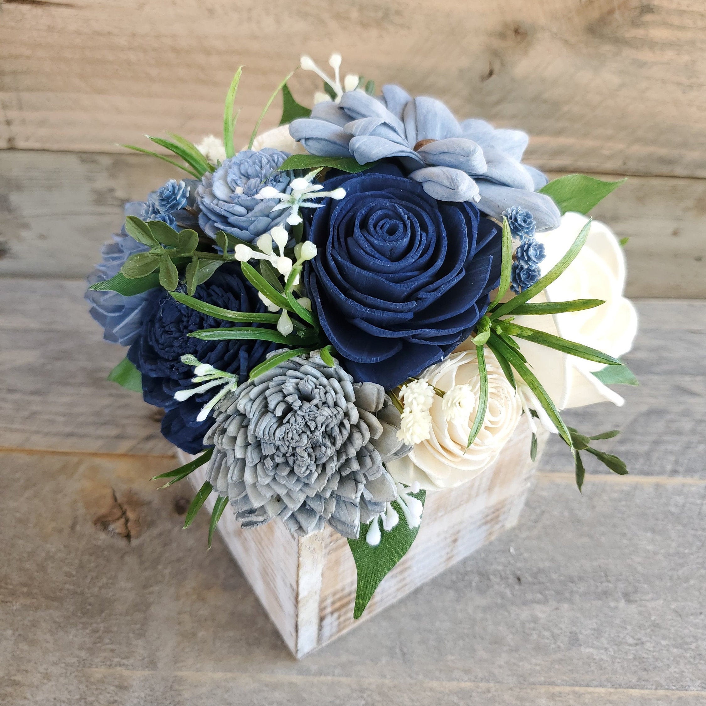 READY TO SHIP Wood Flower Floral Arrangement in Slate Blue, Navy, Gray