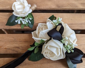 Corsage and Boutonniere Set with Wood Flowers, Prom Corsage and Boutonniere, Prom Flowers, Bridesmaid Wrist Corsage, Wedding Flowers