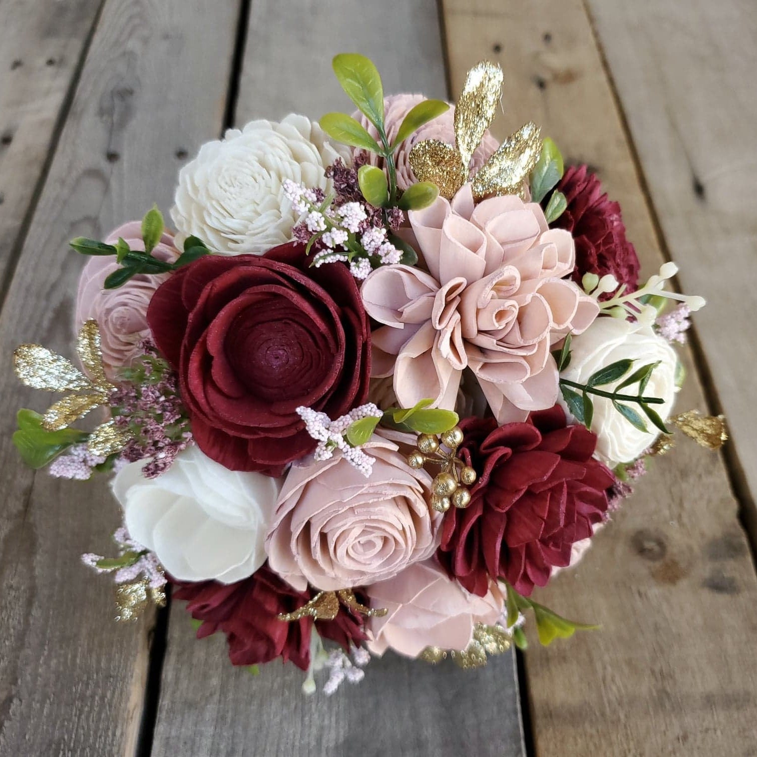 Burgundy, Blush, and Cream Wood Flower Bouquet with Gold