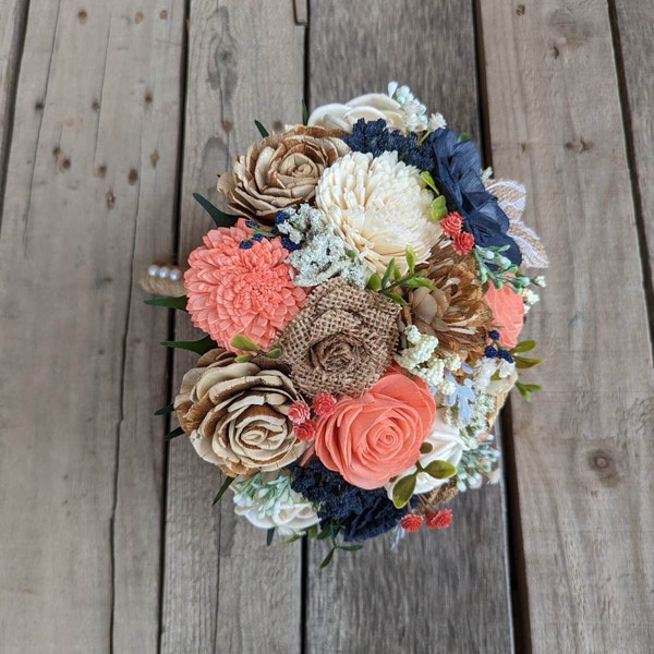 Wood Flower Bouquet, Navy Blue Bridal Bouquet, Coral Wedding Bouquets, Navy and Coral Wooden Flower Bouquet, Burlap Wedding Flowers