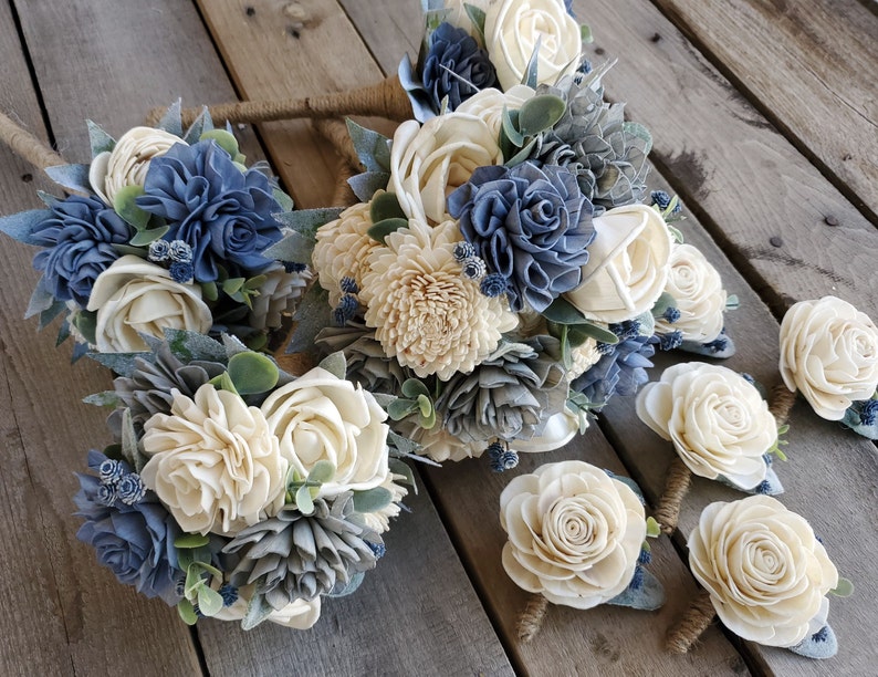 Slate Blue Sola Wood Flower Bouquet Fake Bridal Flowers Etsy