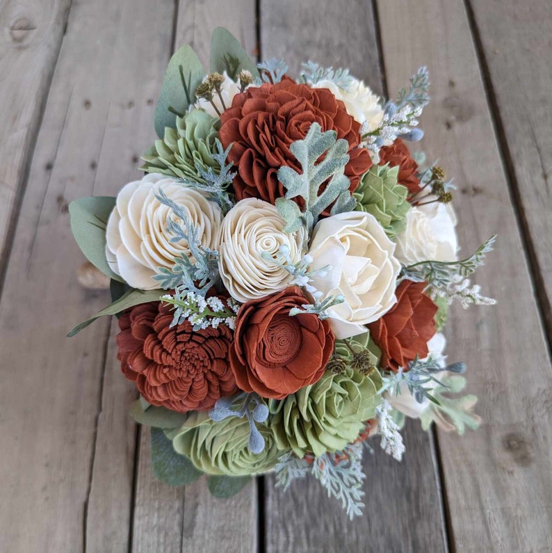 Fall Wedding Bouquet, Wood Flower Bouquet, Rust and Sage Bridal Bouquet, Burnt Orange and Sage Wooden Flower Bouquet, Sola Wood Flowers image 1