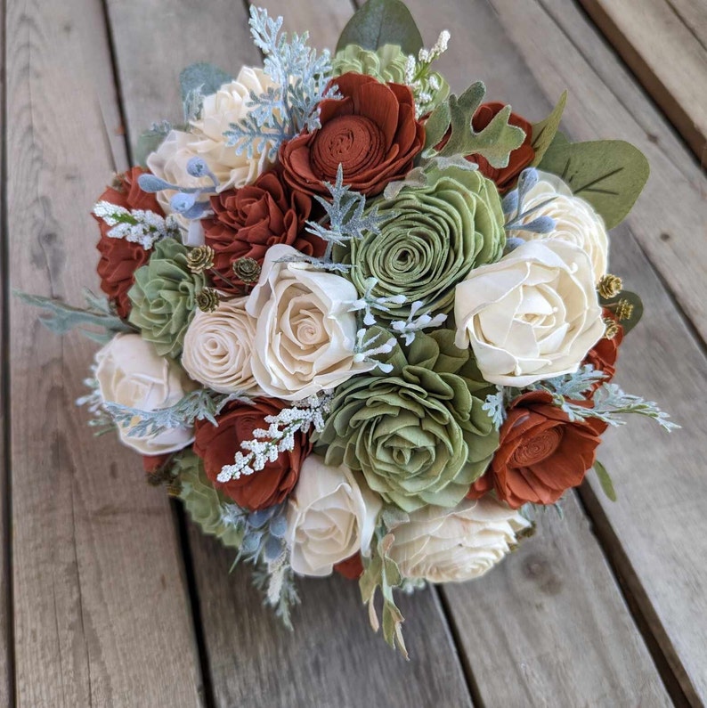 Fall Wedding Bouquet, Wood Flower Bouquet, Rust and Sage Bridal Bouquet, Burnt Orange and Sage Wooden Flower Bouquet, Sola Wood Flowers image 8
