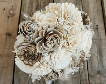 Dried Baby's Breath Bouquet with Wooden Flowers, Wood Flower Bouquet, Artificial Bridal Bouquet