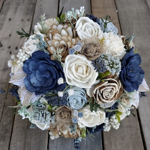 Rustic Navy and Dusty Blue with Burlap Sola Wood Flower Bouquet image 6