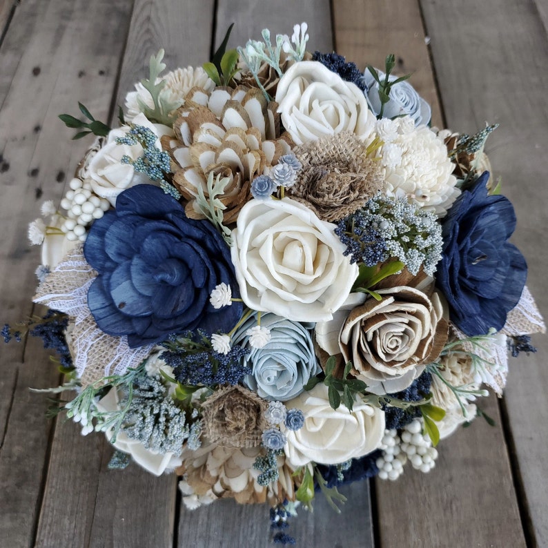 Rustic Navy and Dusty Blue with Burlap Sola Wood Flower Bouquet image 6