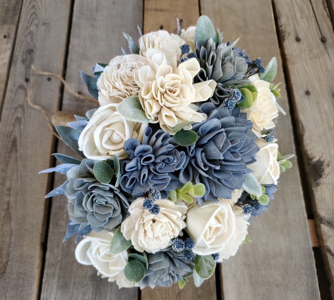 Slate Blue Sola Wood Flower Bouquet Fake Bridal Flowers image 1