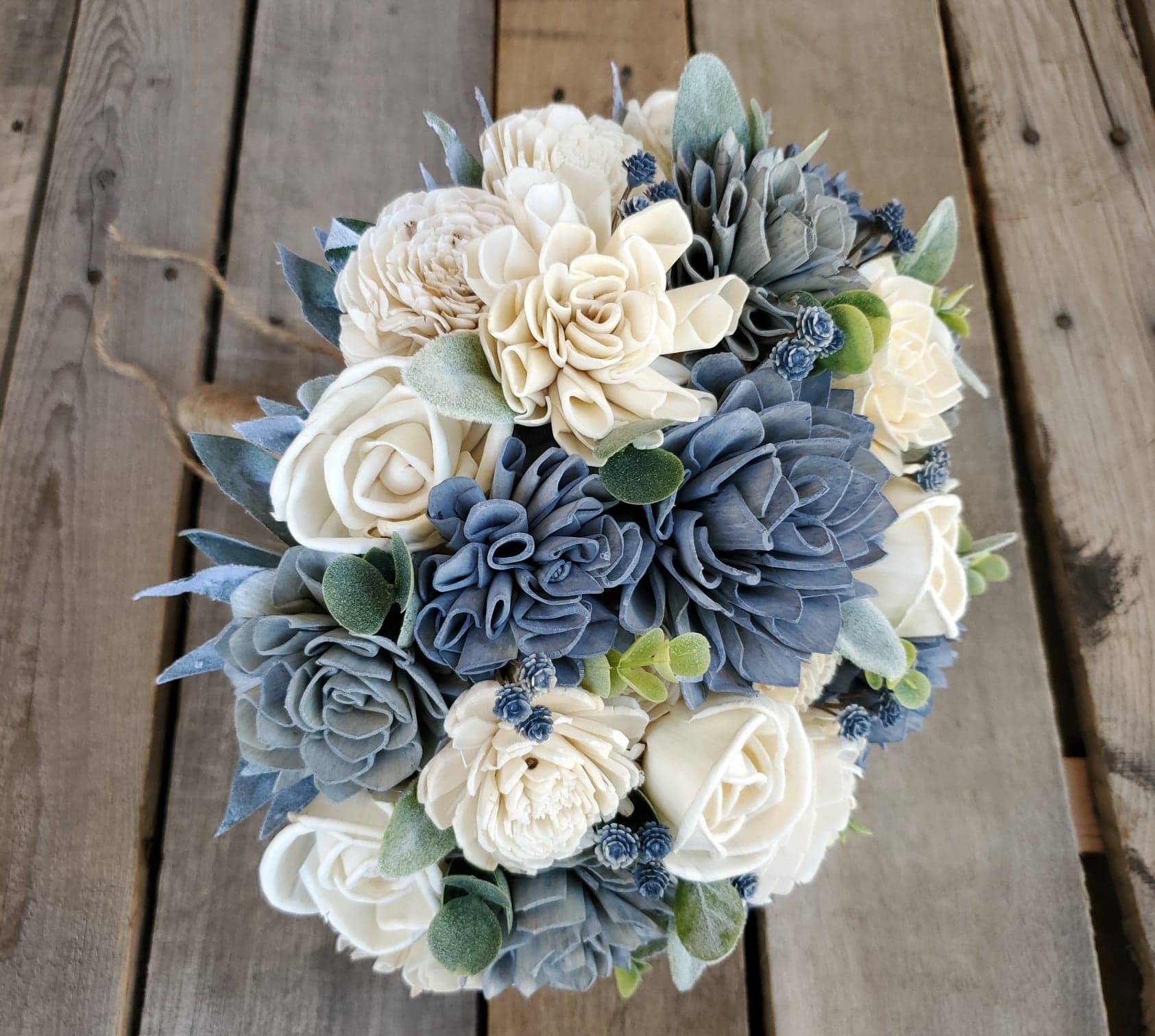 Dusty Blue Dried Flower Bouquet, Blue and Ivory Wedding Flowers