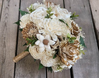 Wood Flower Bridal Bouquet, Rustic Wedding Bouquet, Natural Wooden Bride Bouquet, Sola Wood Wedding Flowers