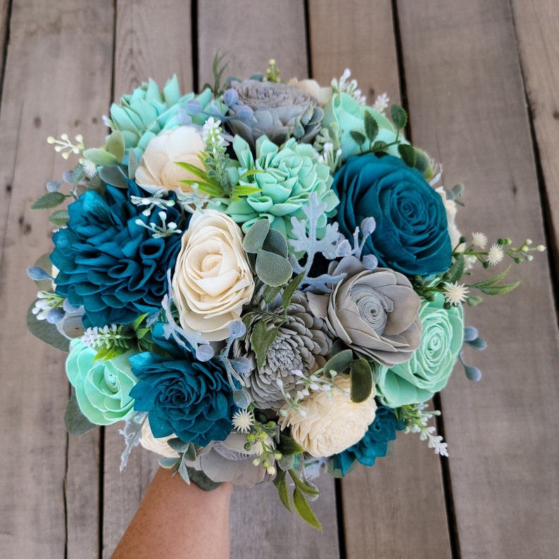 Wood Flower Bouquet, Teal Bridal Bouquet, Bride Bouquet for Weddings, Wedding Bouquet Flowers, Quinceanera Bouquet image 7