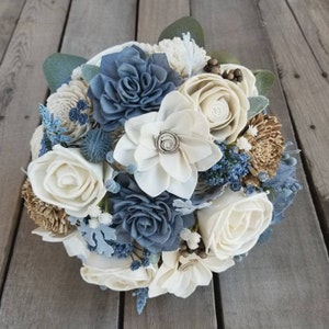 Dusty Blue Wedding Bouquet, Dusty Blue Wood Flower Bouquet, Rustic Bridal Bouquet, Wooden Flowers