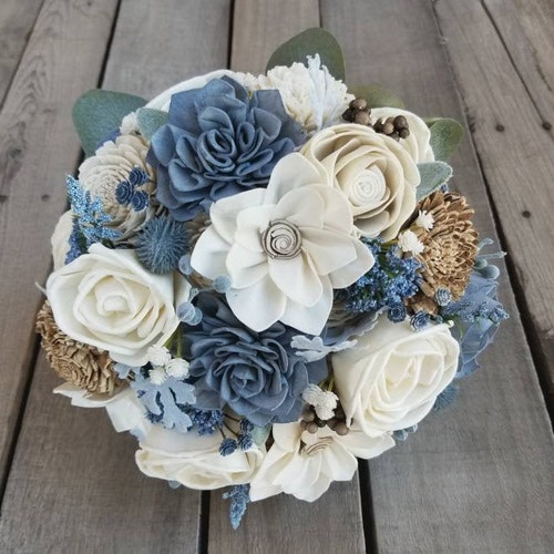 Dusty Blue Sola Wood Flower Wedding Bouquet Dusty Blue Bark Etsy