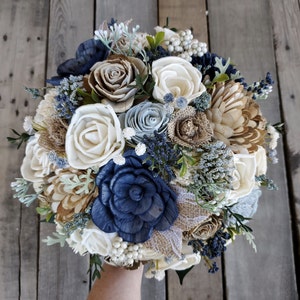 Rustic Navy and Dusty Blue with Burlap Sola Wood Flower Bouquet image 4