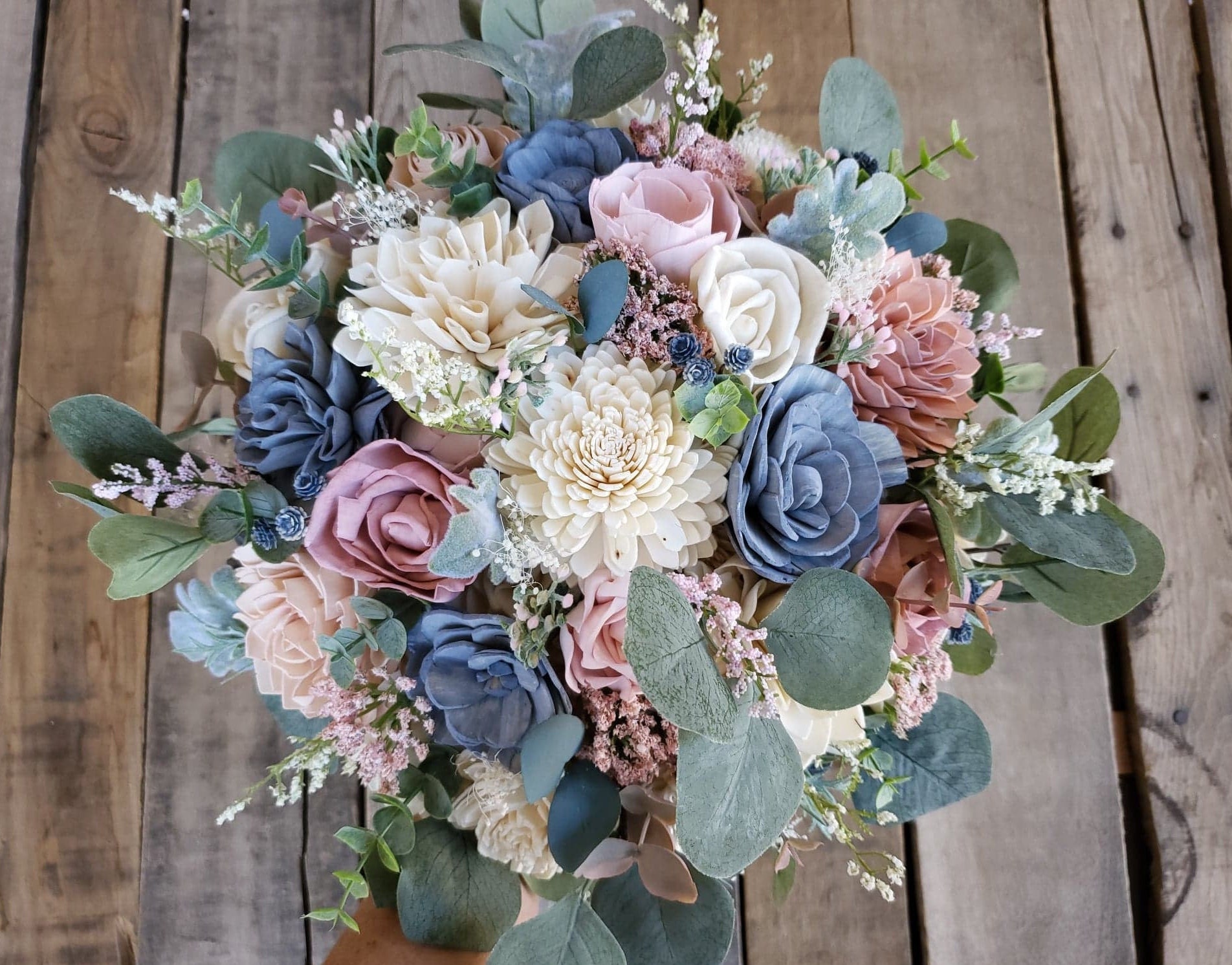 Slate Blue Blush Pink and Cream Wood Flower Bouquet with Silver Dollar