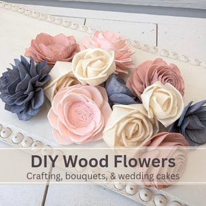 Sola Wood Flowers for Crafting in Slate Blue, Blush, Light Pink and Cream, DIY Wooden Flowers for Wedding Cake, Bouquets, Corsages, Bridal