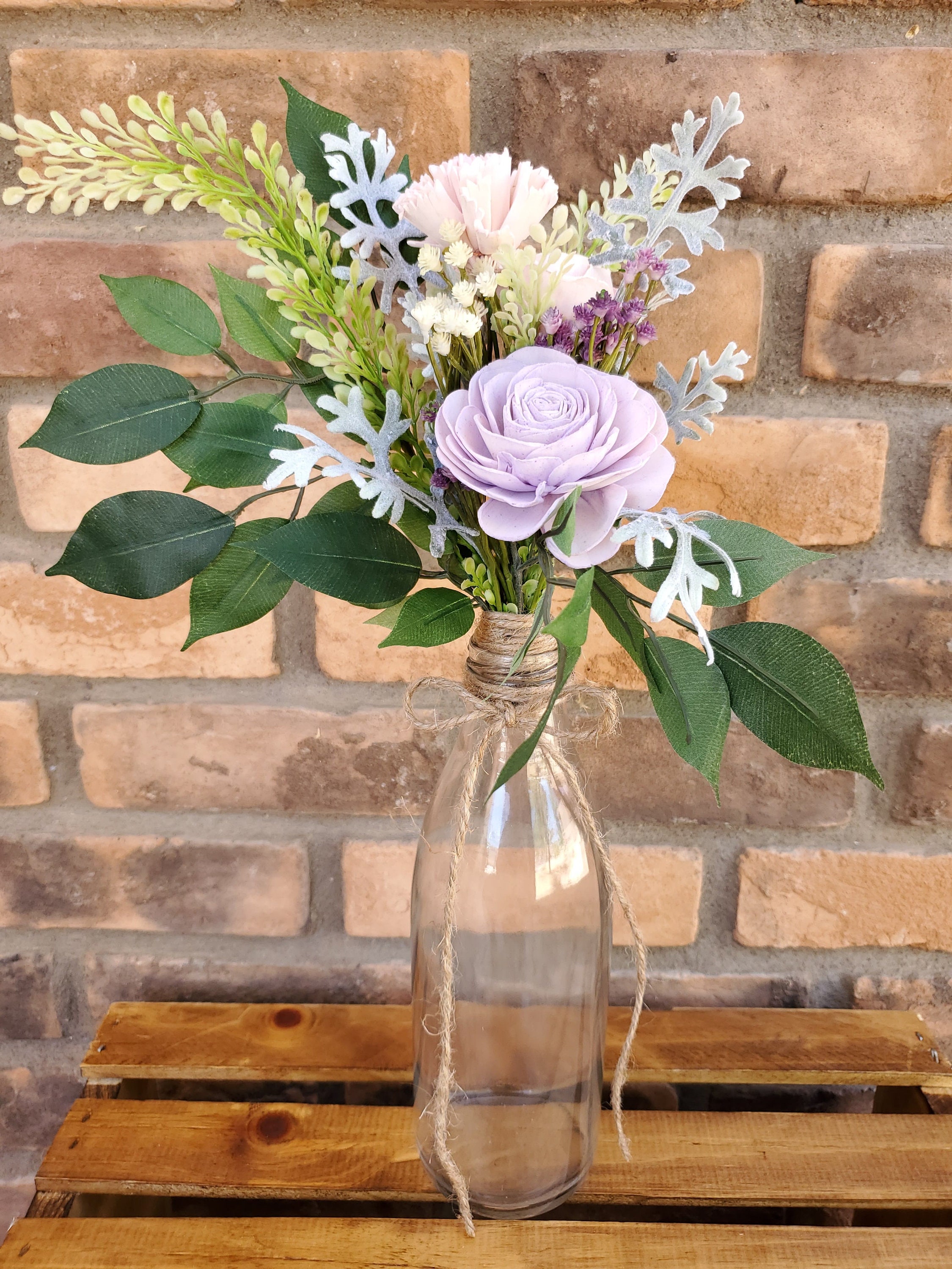 Milk Bottle Floral Arrangement Centerpiece, Wood Flowers, Color Options