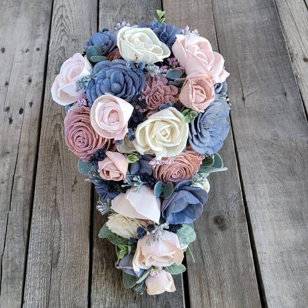 Sola Wood Flower Cascading Bridal Bouquet Slate Blue Blush Etsy