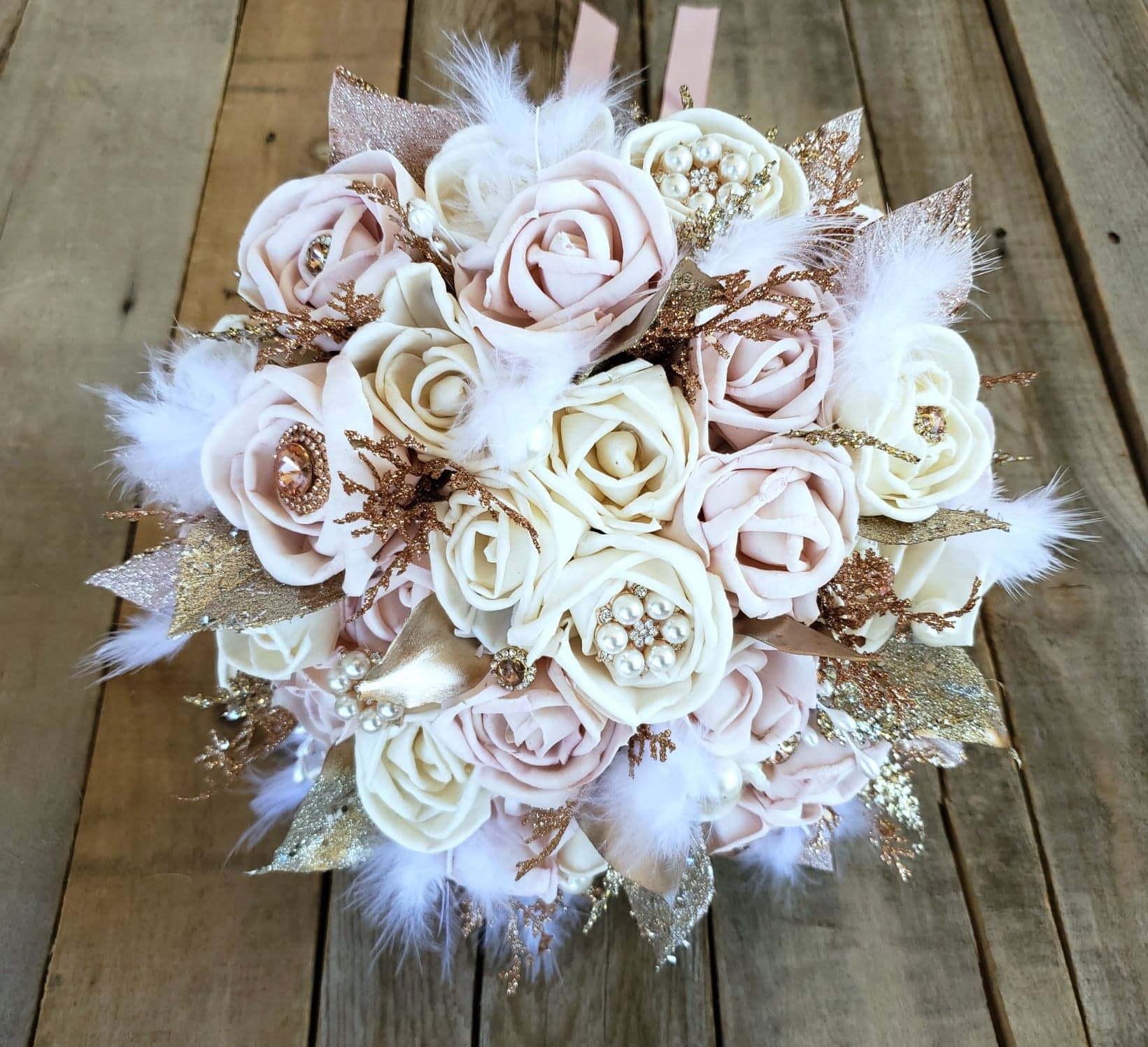 All Wood Rose Bouquet in Cream and Light Pink with Optional Etsy