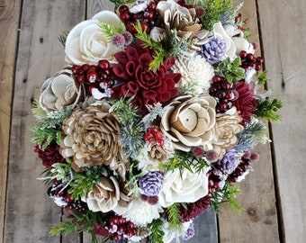 Sola Wood Flowers, Christmas Wedding Bouquet, Wood Flower Bouquet, Winter Bridal Bouquet, Burgundy Wooden Flower Bouquet