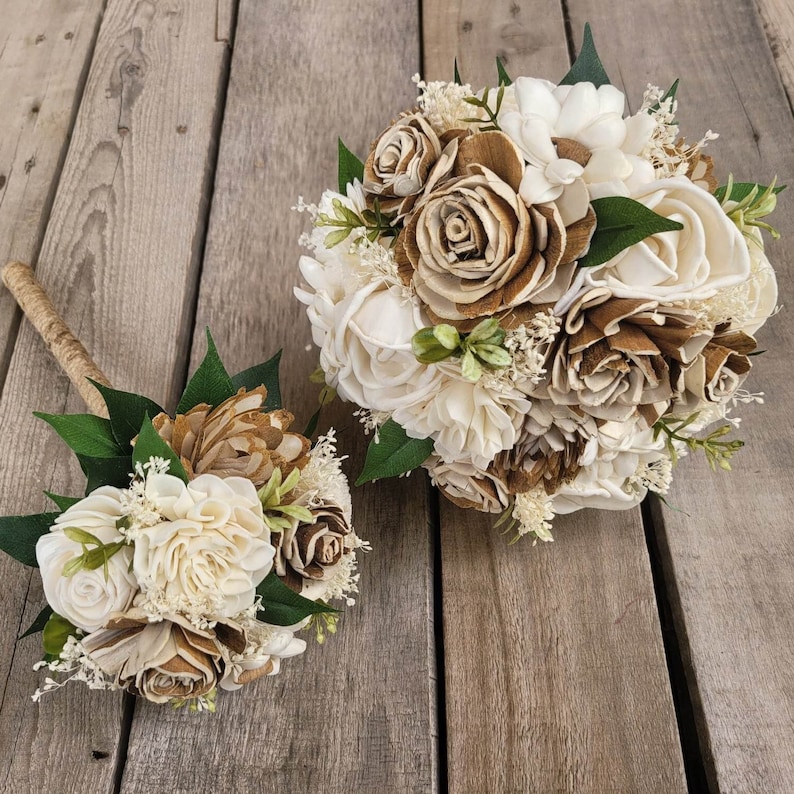 Wood Flower Bridal Bouquet, Rustic Wedding Bouquet, Natural Wooden Bride Bouquet, Sola Wood Wedding Flowers image 6