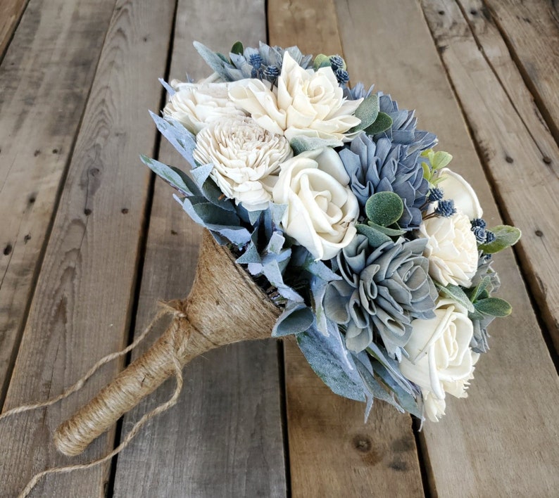 Slate Blue Sola Wood Flower Bouquet Fake Bridal Flowers Etsy