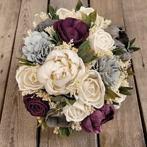 Plum Wood Flower Bouquet, Baby&#39;s Breath Bouquet, Wooden Bouquet, Plum Bridal Bouquet, Faux Wedding Flowers