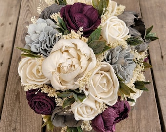 Plum Wood Flower Bouquet, Baby's Breath Bouquet, Wooden Bouquet, Plum Bridal Bouquet, Faux Wedding Flowers