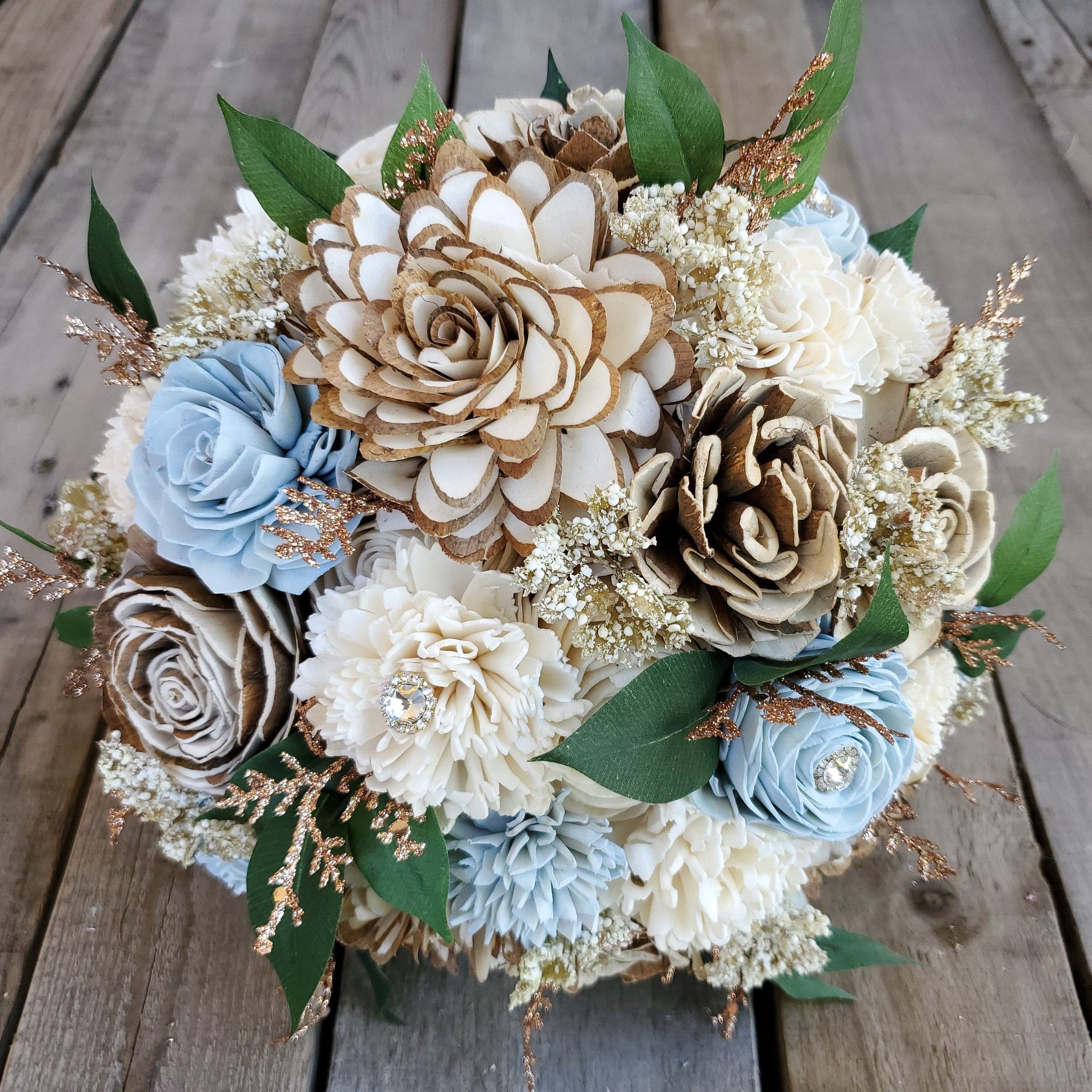 READY TO SHIP Rustic Glam Wood Flower Bridal Bouquet with Rhinestones