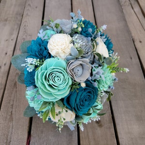 Wood Flower Bouquet, Teal Bridal Bouquet, Bride Bouquet for Weddings, Wedding Bouquet Flowers, Quinceanera Bouquet image 3