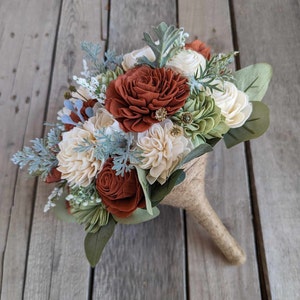 Fall Wedding Bouquet, Wood Flower Bouquet, Rust and Sage Bridal Bouquet, Burnt Orange and Sage Wooden Flower Bouquet, Sola Wood Flowers image 7