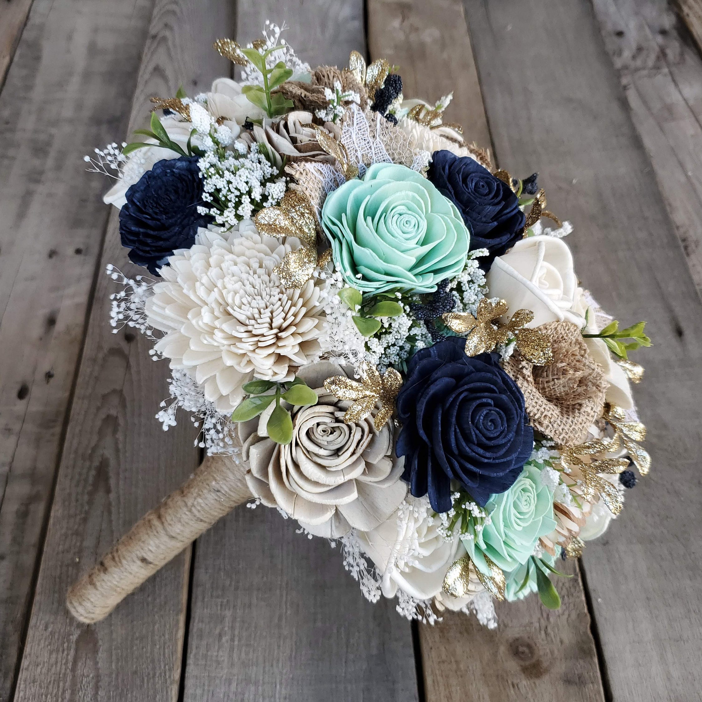Wood Flower Bouquet with Burlap Flowers, Gold Accents, and ...