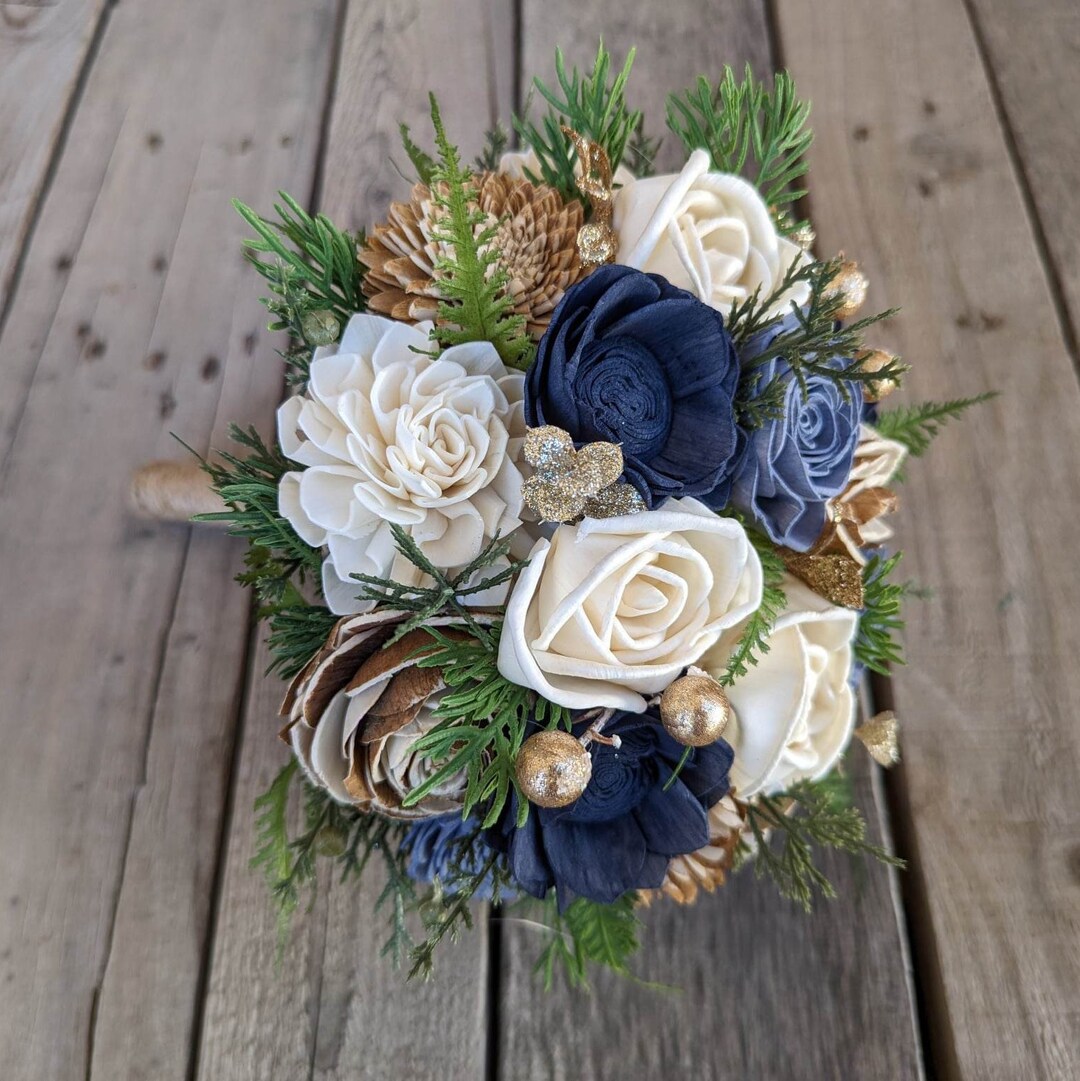 Dusty Blue and Navy Wood Flower Bouquet, Gold Winter Wedding Bouquet