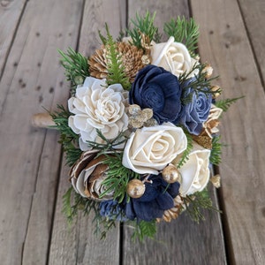 Dusty Blue and Navy Wood Flower Bouquet, Gold Winter Wedding Bouquet, Artificial Bridesmaid and Bridal Bouquet