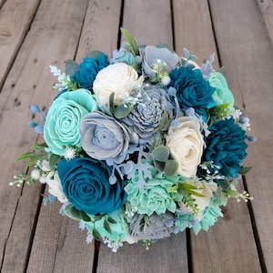 Wood Flower Bouquet, Teal Bridal Bouquet, Bride Bouquet for Weddings, Wedding Bouquet Flowers, Quinceanera Bouquet image 6