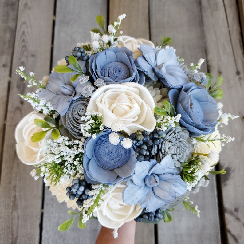 Dusty Blue Wood Flower Bouquet Slate Blue Bridal Bouquet Etsy