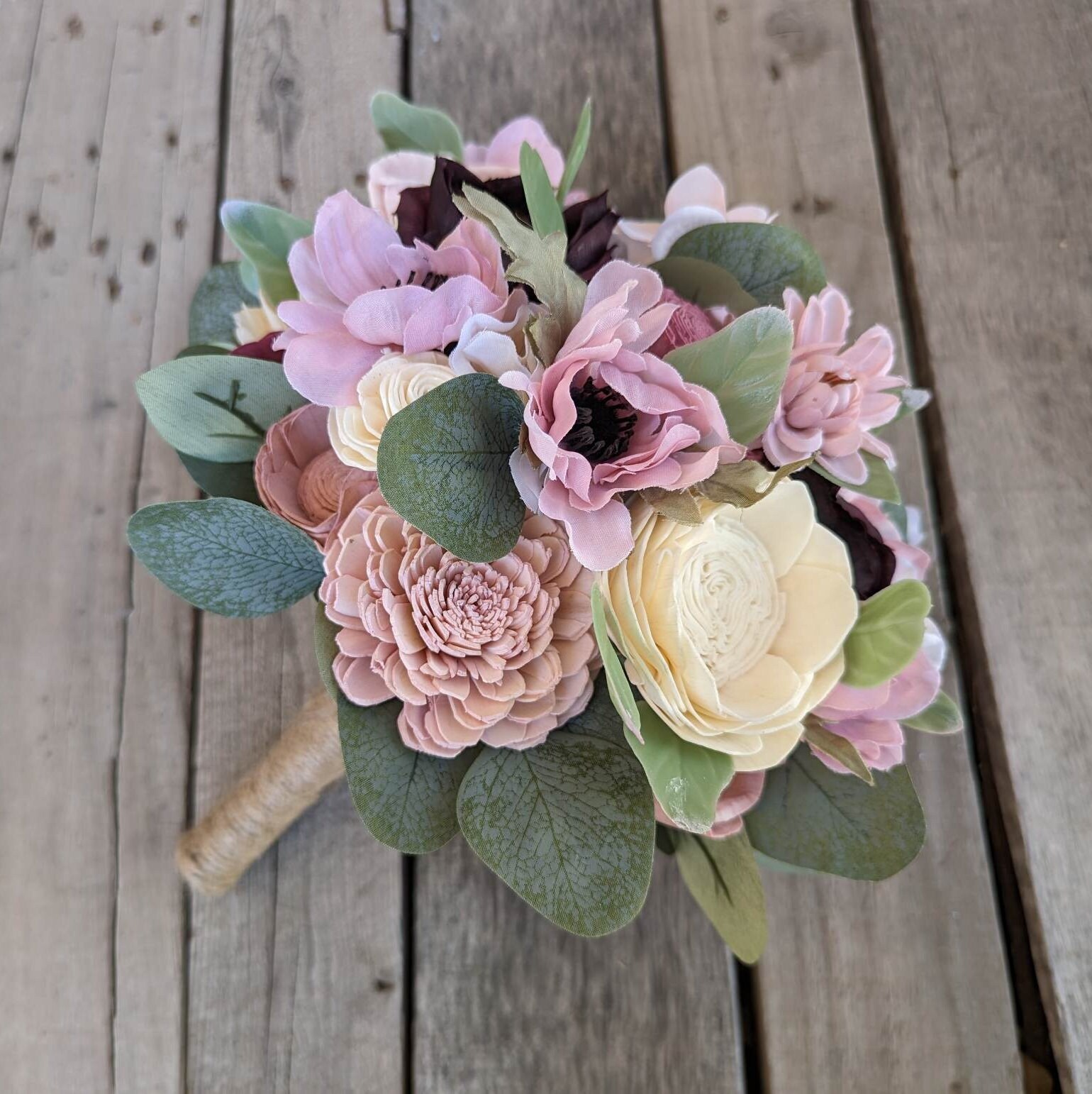 Mauve Wood Flower Bouquet, Dusty Rose Bridal Bouquet, Blush