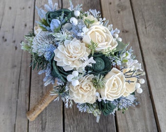 Wood Flower Bouquet, Winter Wedding Bouquet, Christmas Bridal