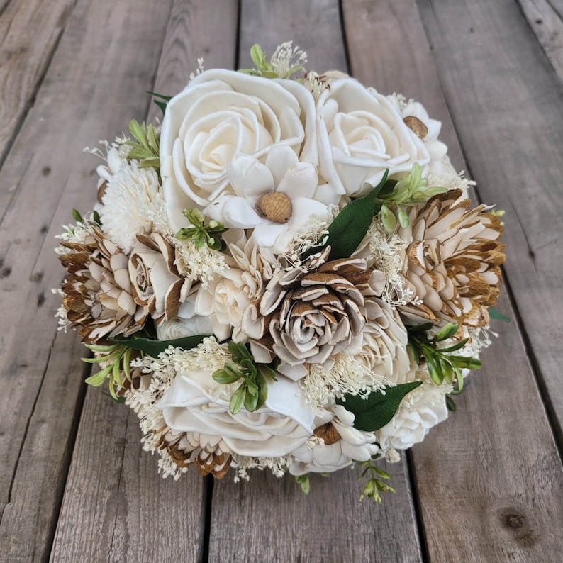 Wood Flower Bridal Bouquet, Rustic Wedding Bouquet, Natural Wooden Bride Bouquet, Sola Wood Wedding Flowers image 5