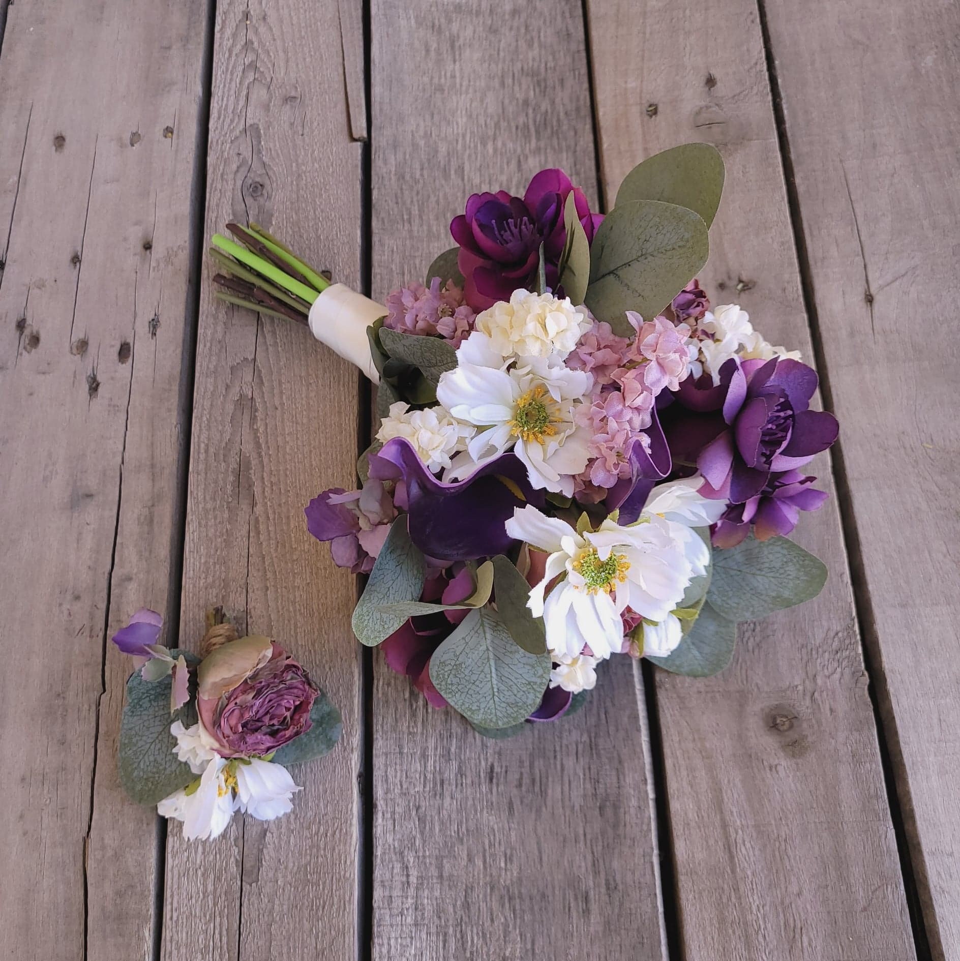 Mini rose and eucalyptus wedding bouquet bouquet boutonniere set