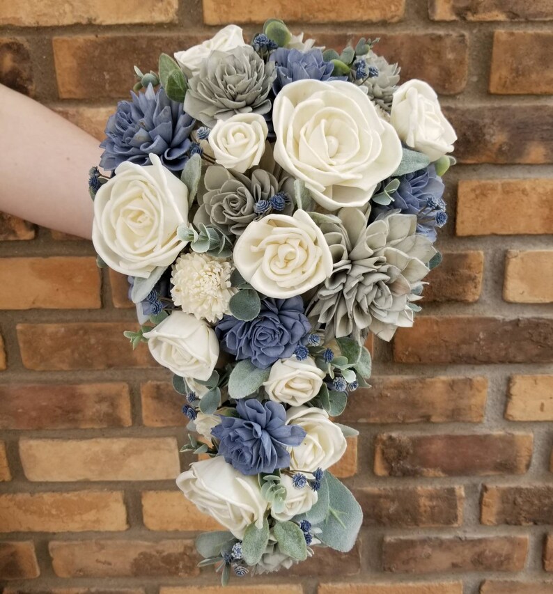 Slate Blue Sola Wood Flower Bouquet Fake Bridal Flowers Etsy