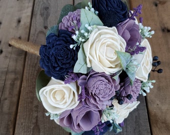 Lavender and Navy Wedding Bouquet, Sola Wood Flower Bouquet, Artificial Flower Bouquet, Wedding Decor