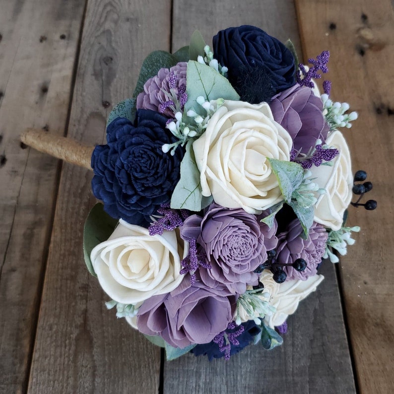 Lavender and Navy Wedding Bouquet, Sola Wood Flower Bouquet, Artificial Flower Bouquet, Wedding Decor Medium 8 inches