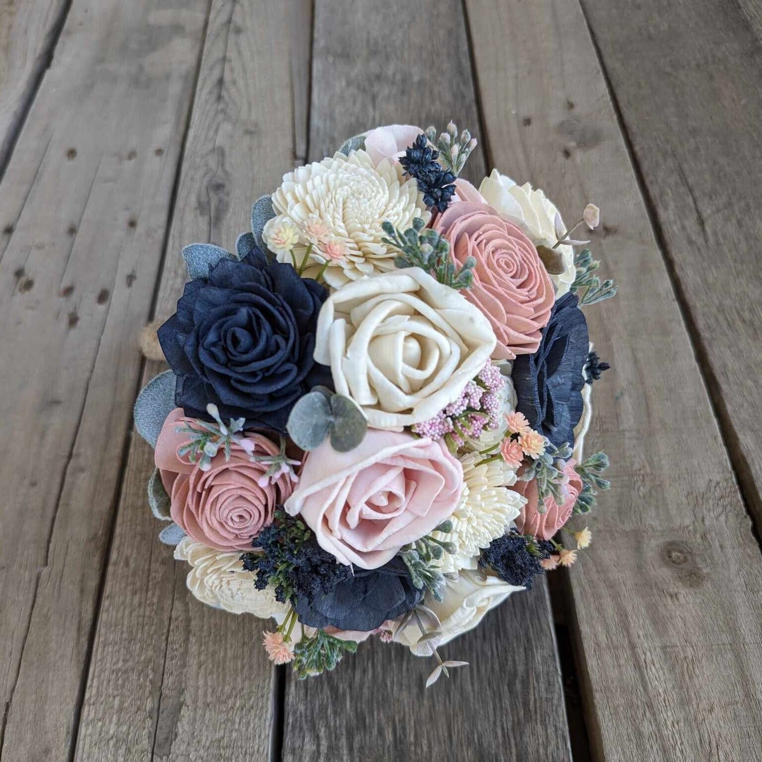 w.o.d.　F.L.O.W.E.R.S. Navy Blue and Blush Pink Artificial Wedding Bouquet With