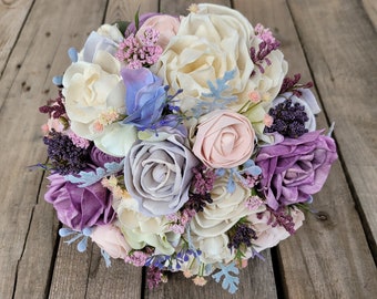 Lavender Wood Flower Wedding Bouquet, Wooden Flowers Bouquet, Bridesmaid Bouquet, Artificial Bridal Bouquet, Quinceanera Bouquet