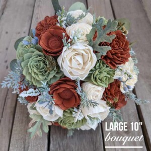 Fall Wedding Bouquet, Wood Flower Bouquet, Rust and Sage Bridal Bouquet, Burnt Orange and Sage Wooden Flower Bouquet, Sola Wood Flowers image 5