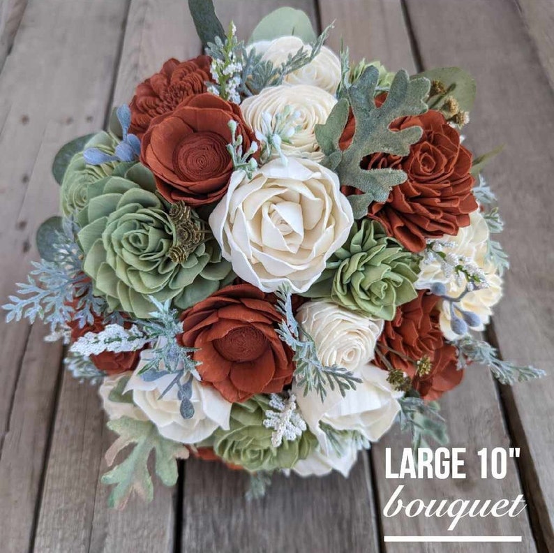 Fall Wedding Bouquet, Wood Flower Bouquet, Rust and Sage Bridal Bouquet, Burnt Orange and Sage Wooden Flower Bouquet, Sola Wood Flowers image 5