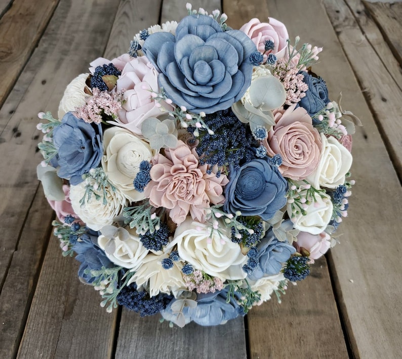 and Lambs Ear and Cream Flowers Eucalyptus Dusty Miller READY TO SHIP Wood Flower Bouquet with Slate Blue Blush Pink bridal bouquet