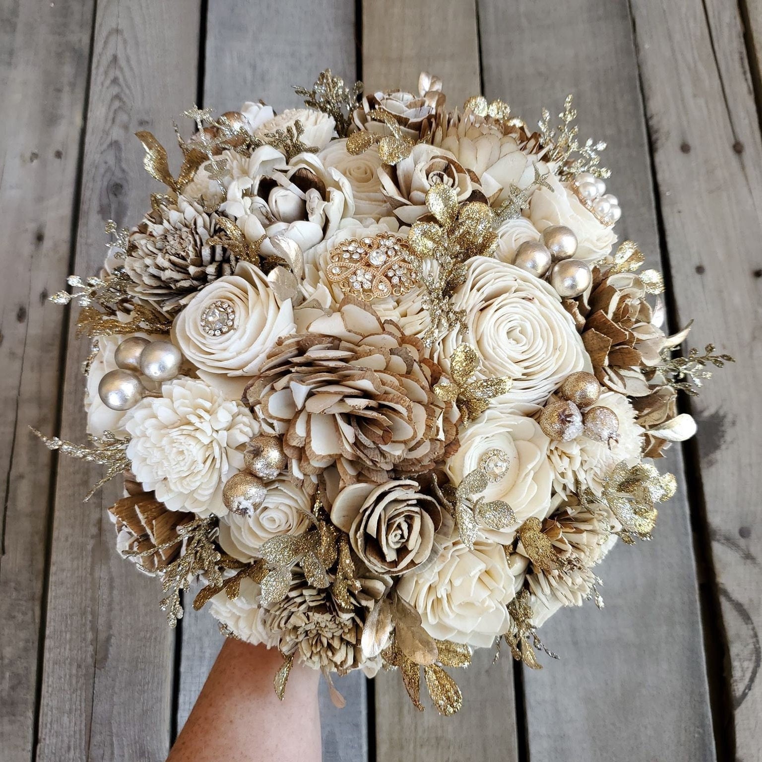 Gold Brooch And Glitter Sola Wood Flower Bouquet With Cream And Natural