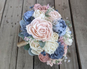 Wood Flower Bridal Bouquet with Slate Blue, Blush Pink, Light Blue, and Light Pink Wooden Flowers, Wedding Bouquet Brides and Bridesmaids